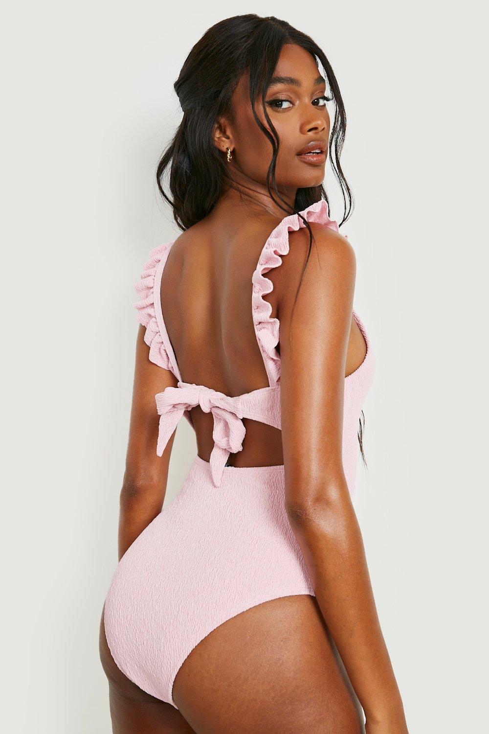 Crinkle Frill Shoulder Tie Back Swimsuit